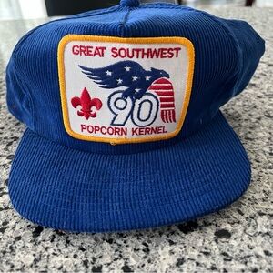 Vintage 80s Yupoong Blue Corduroy Trucker Cap with Boy Scout Patch